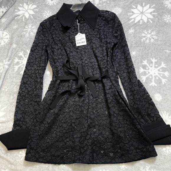 Proenza Schouler Floral Lace Shirt Size 6 Black Blouse New Pointed Collar - Picture 3 of 10